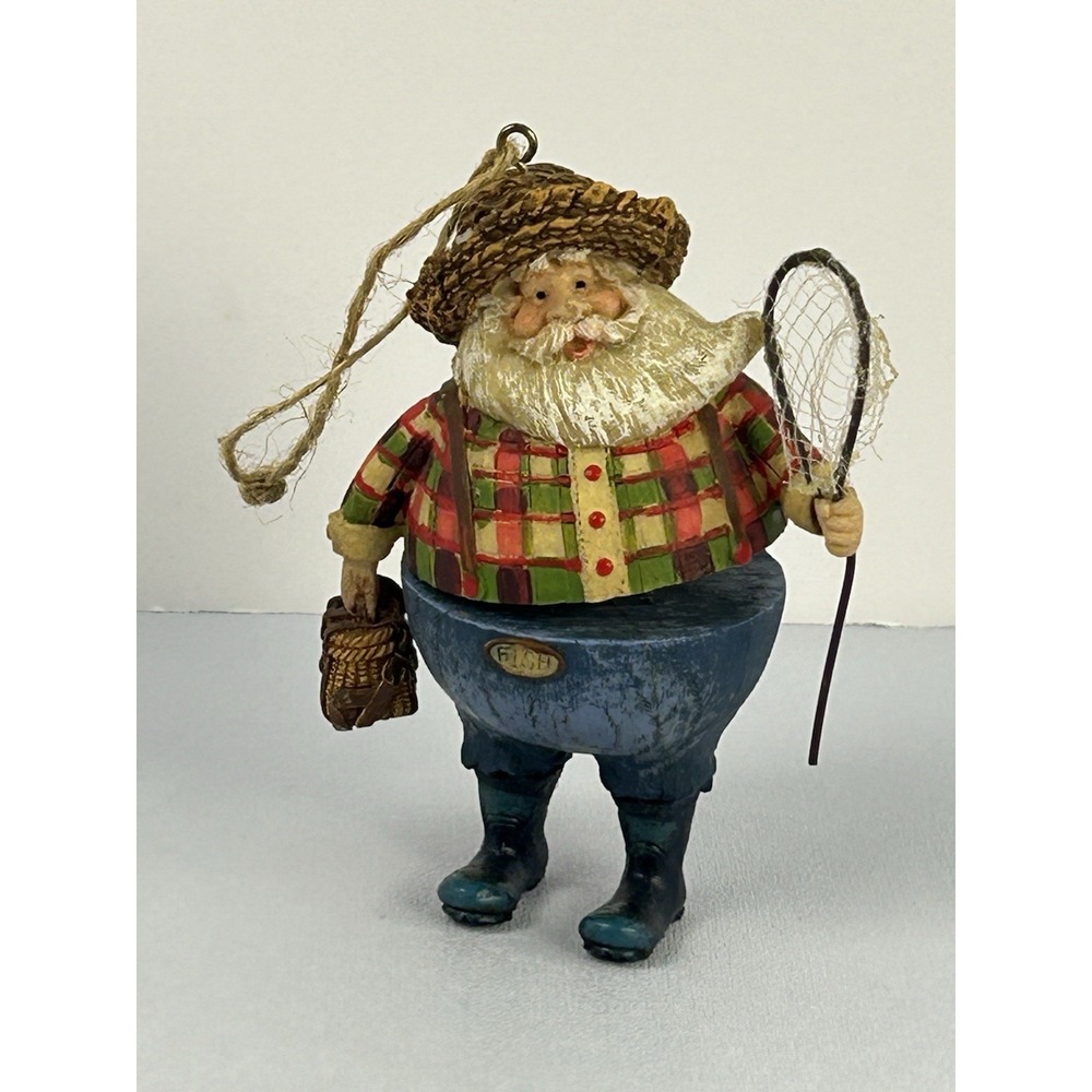 Vintage Style Fisherman Santa Ornament Rustic Fishing Net Holiday Decor